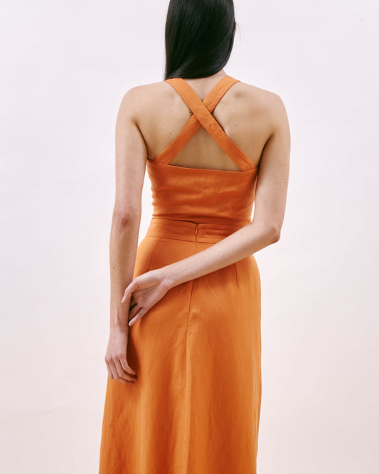 Orange Linen and Viscose Cross-Back Top Barcelona